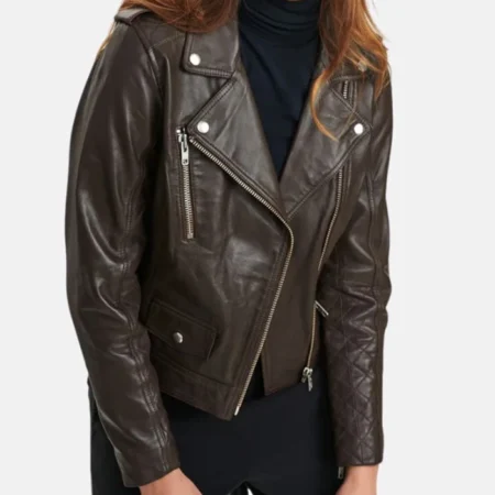 Kelly Style Womens Brown Leather Biker Jacket Stand webp