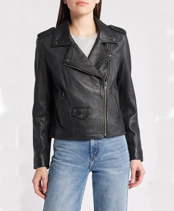 Lana Women Leather Motorcycle Jacket Black Studded Closure webp