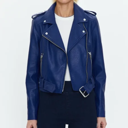 Lana Womens Blue Leather Biker Jacket Zipper webp