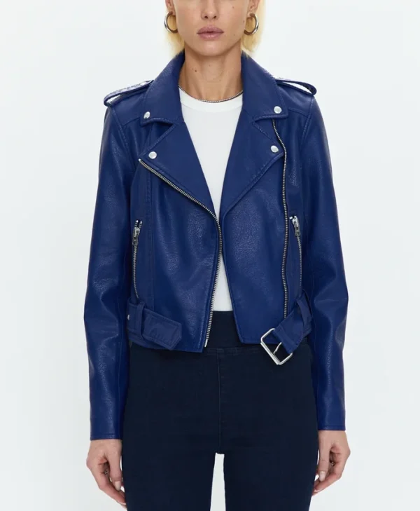 Lana Womens Blue Leather Biker Jacket Zipper webp