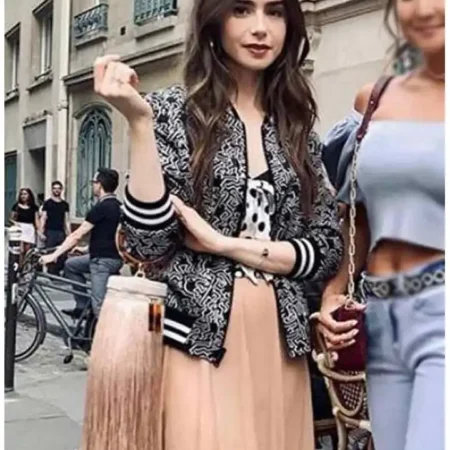 Lily Collins Emily In Paris Black Bomber Jacket webp