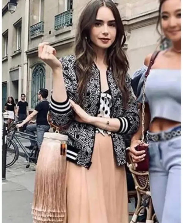 Lily Collins Emily In Paris Black Bomber Jacket webp