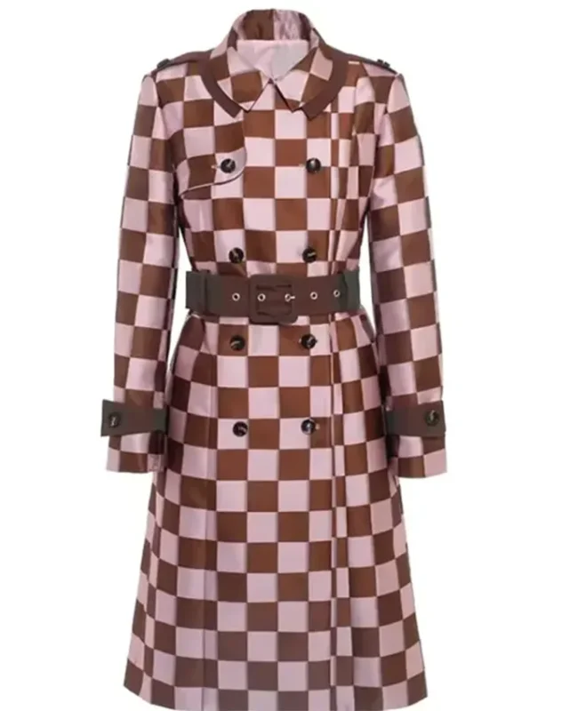 Lily Collins Emily In Paris S04 Pink Brown Checkered Trench Coat.webp
