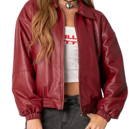 Lily Maroon Bomber Jacket Women Rib Knitted webp
