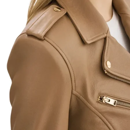 Lora Womens Beige Leather Jacket Collar webp