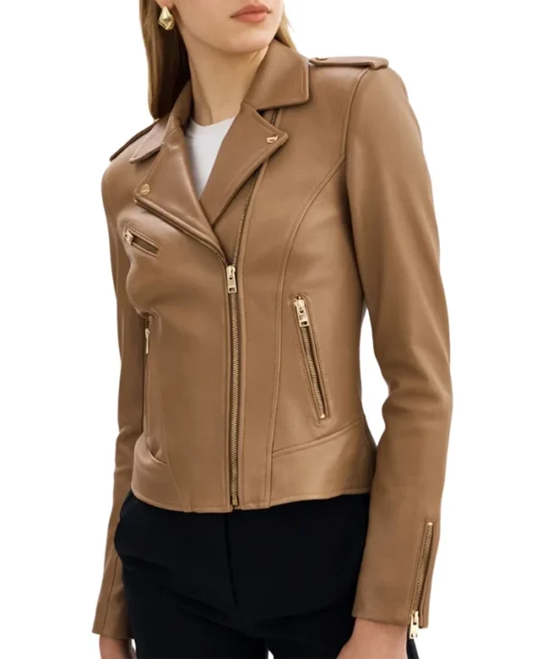 Lora Womens Beige Leather Jacket Main webp