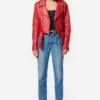 Loren Womens Brando Red Biker Jacket Stand Up webp