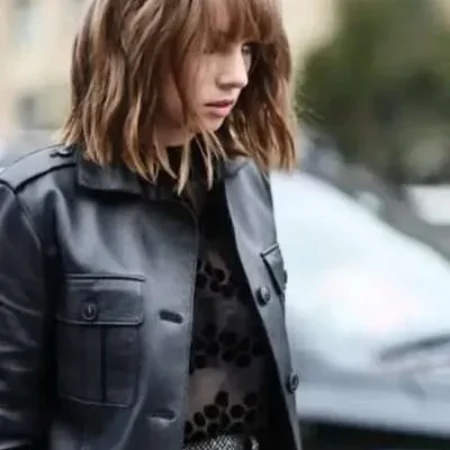 Maya Hawke Black Leather Coat For Sale webp