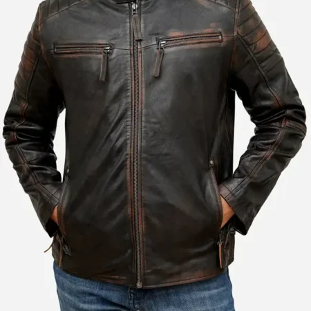 Mens Biker Cafe Racer Quilted Dark Brown Leather Jacket