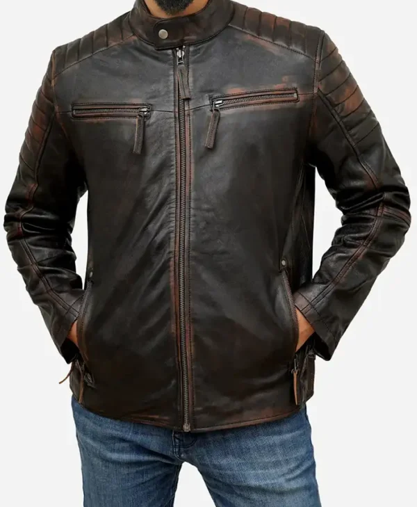 Mens Biker Cafe Racer Quilted Dark Brown Leather Jacket