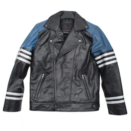 Men’s Classic Striped Leather Black and Blue Biker Jacket