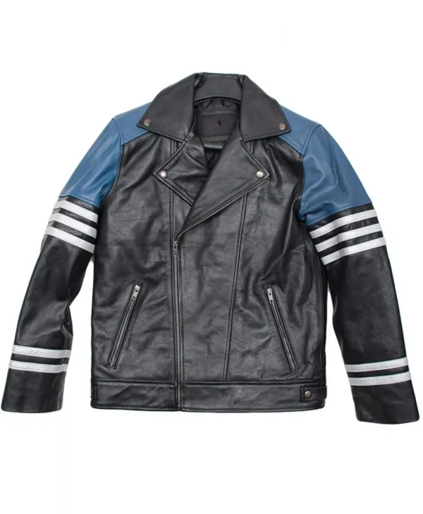 Men s Classic Striped Leather Black and Blue Biker Jacket