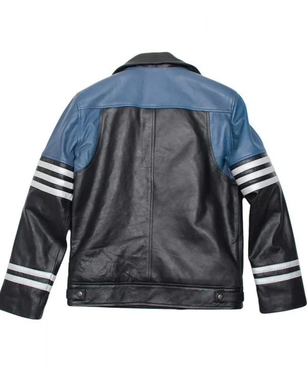 Men s Classic Striped Leather Black and Blue Biker Jacket Back