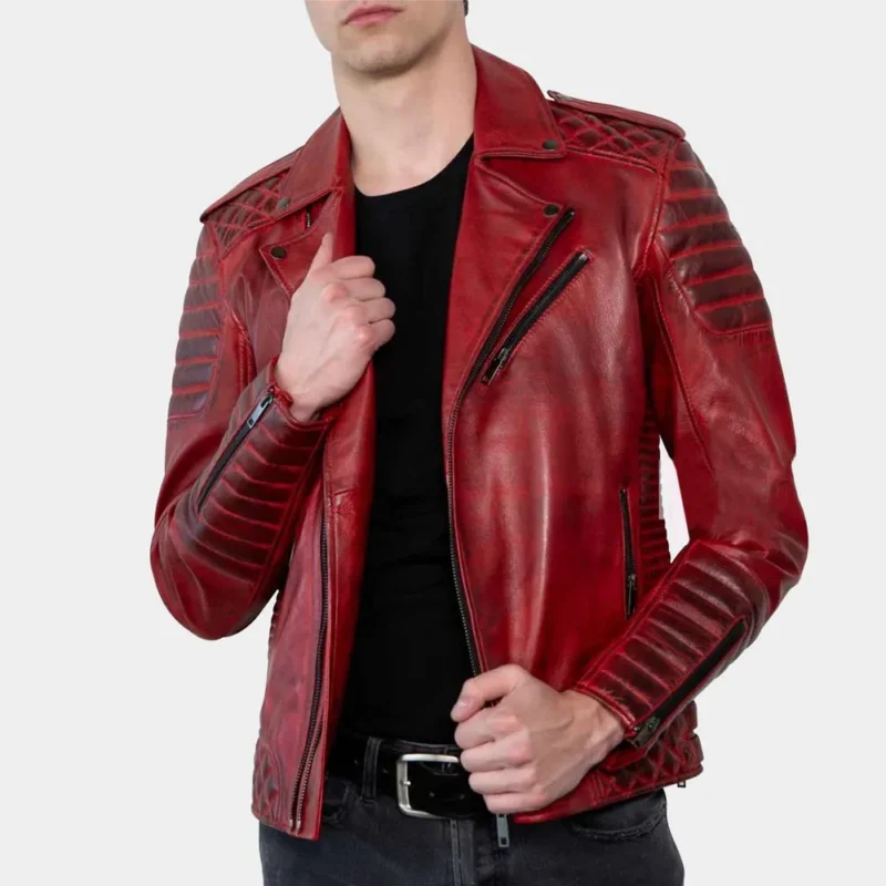 Men s Padded Red Leather Biker Jacket