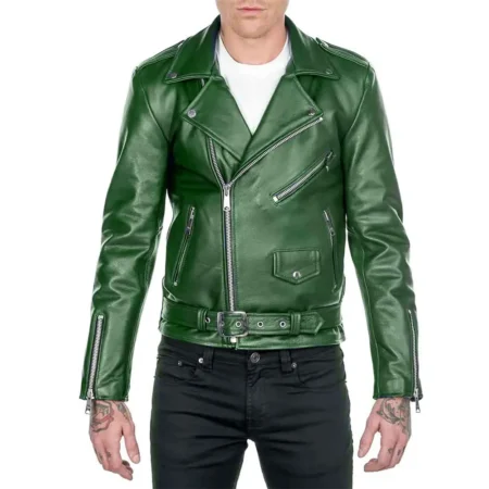 Men’s Shinny Leather Green Biker Jacket