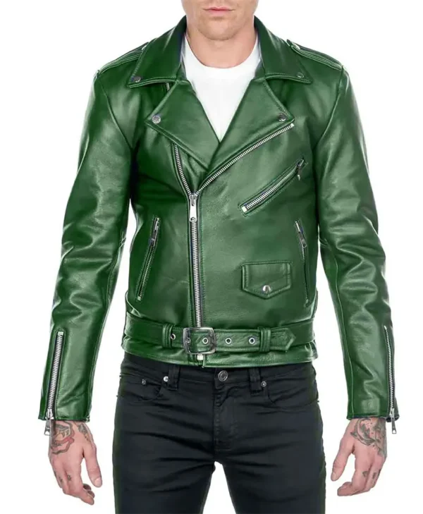Men s Shinny Leather Green Biker Jacket