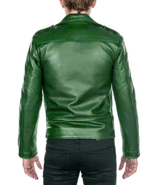 Men s Shinny Leather Green Biker Jacket