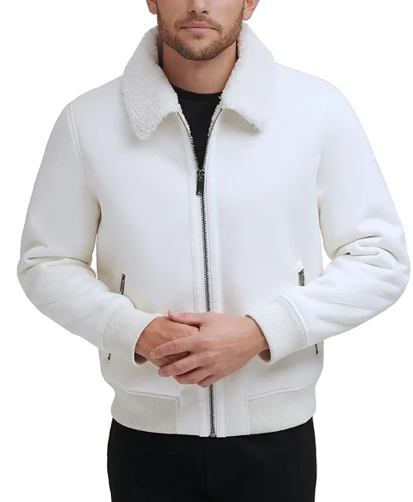Mens White Shearling Aviator Leather Jacket Zipper webp