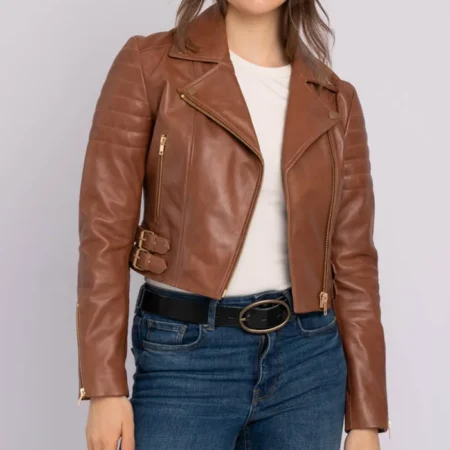 Merry Asymmetrical Brown Leather Moto Jacket Front webp