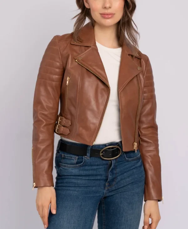 Merry Asymmetrical Brown Leather Moto Jacket Front webp