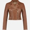 Merry Asymmetrical Brown Leather Moto Jacket Main webp