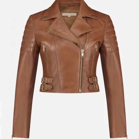 Merry Asymmetrical Brown Leather Moto Jacket Main webp