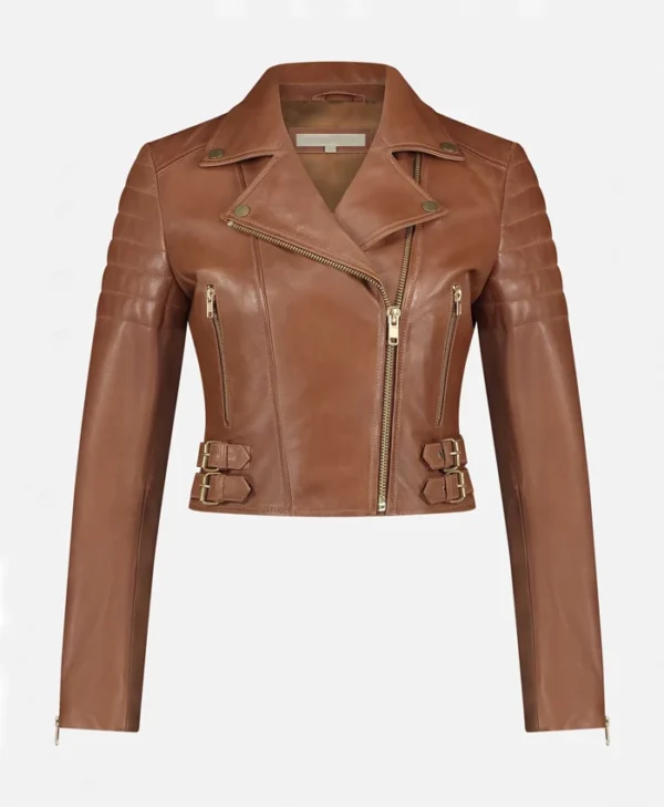 Merry Asymmetrical Brown Leather Moto Jacket Main webp