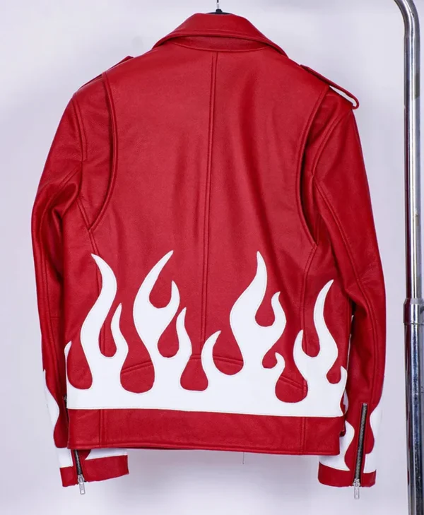 Meteor Flames Leather Red Biker Jacket Back