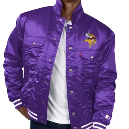 Minnesota Vikings Silver Tab Trucker Satin Varsity Jacket webp