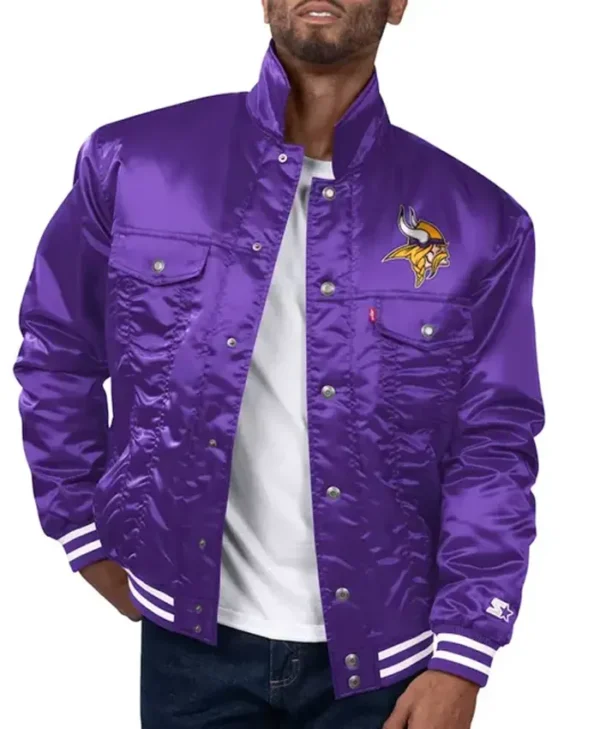 Minnesota Vikings Silver Tab Trucker Satin Varsity Jacket webp