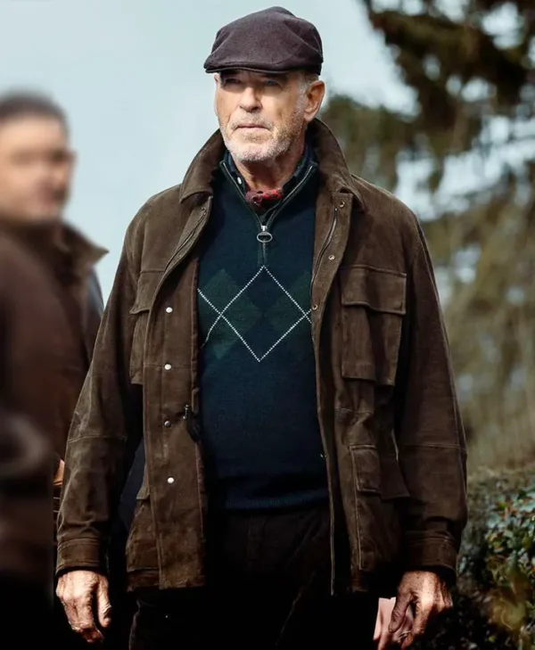 MobLand S01 Pierce Brosnan Brown Suede Leather Jacket webp