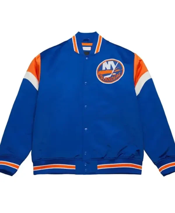 NY Islanders Heavyweight Blue Satin Varsity Jacket webp