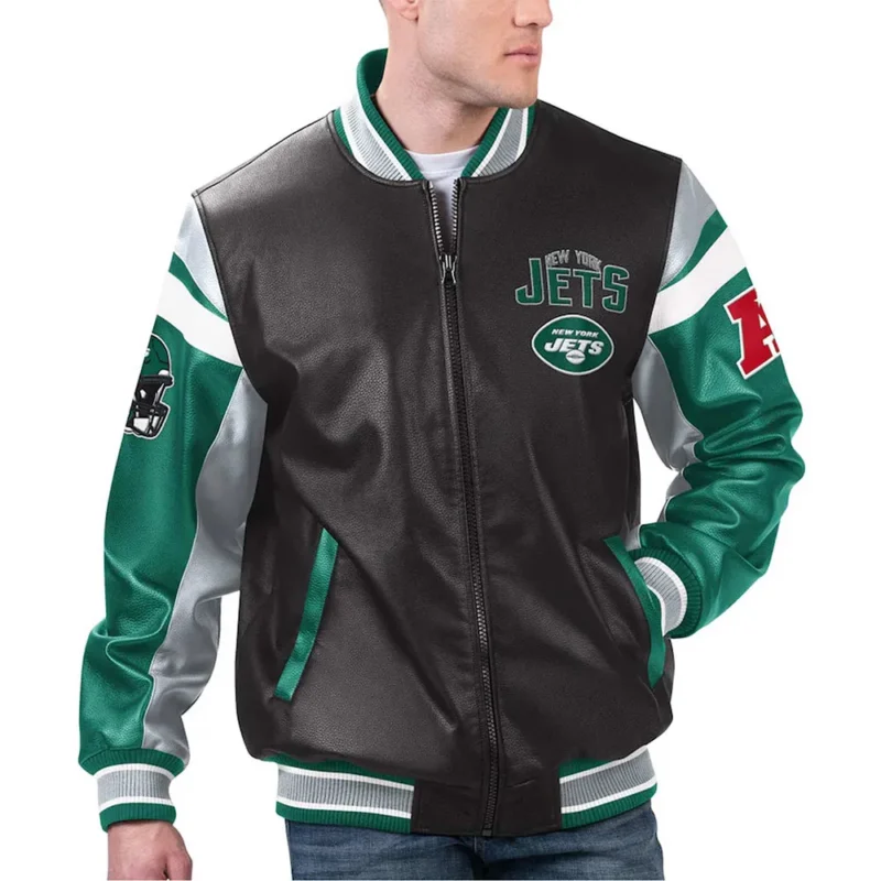 NY Jets Black Varsity Full Zip Leather Jacket webp