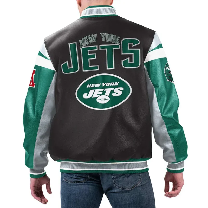 NY Jets Black Varsity Full Zip Leather Jacket back webp