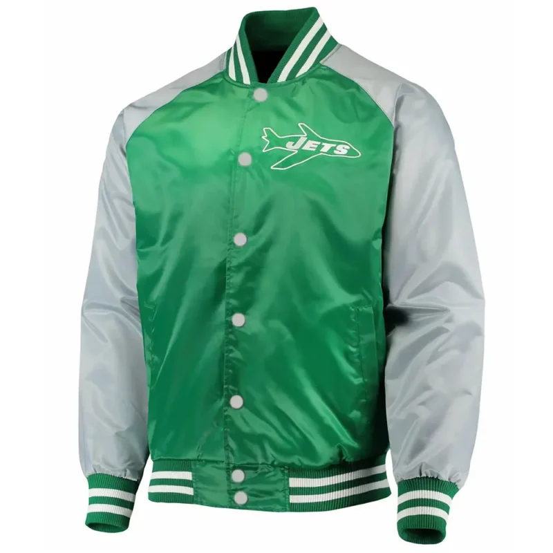 NY Jets Lead Off Green and Gray Satin Jacket webp
