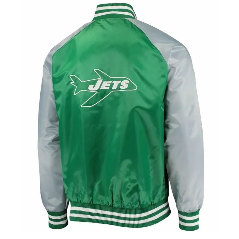 NY Jets Lead Off Green and Gray Satin Jacket back webp