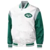 NY Jets Throwback Warm Up Pitch Varsity Satin Jacket webp