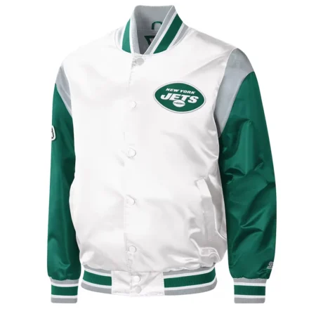 NY Jets Throwback Warm Up Pitch Varsity Satin Jacket webp