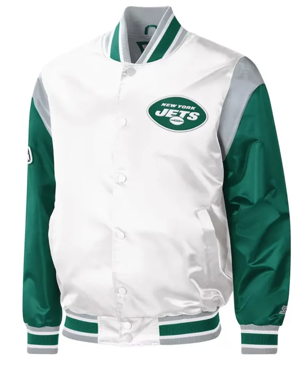 NY Jets Throwback Warm Up Pitch Varsity Satin Jacket webp