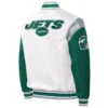 NY Jets Throwback Warm Up Pitch Varsity Satin Jacket back webp