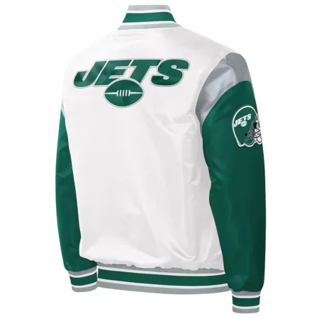 NY Jets Throwback Warm Up Pitch Varsity Satin Jacket back webp