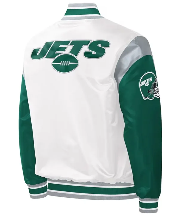NY Jets Throwback Warm Up Pitch Varsity Satin Jacket back webp