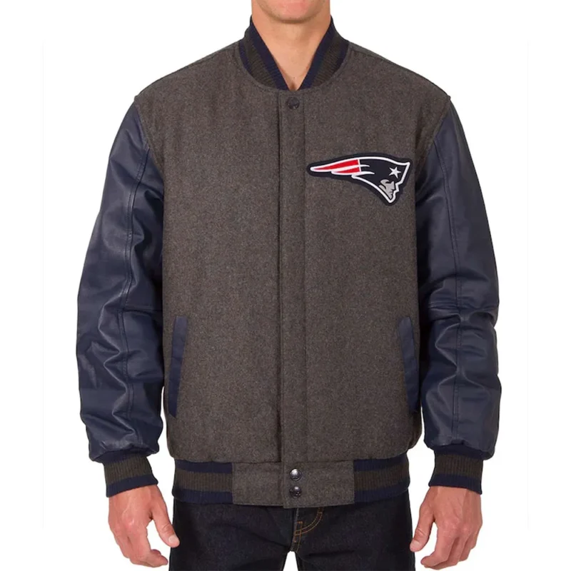 New England Patriots Charcoal and Blue Varsity Jacket webp