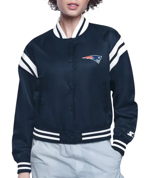 New England Patriots Printed Logo Varsity Satin Jacket webp