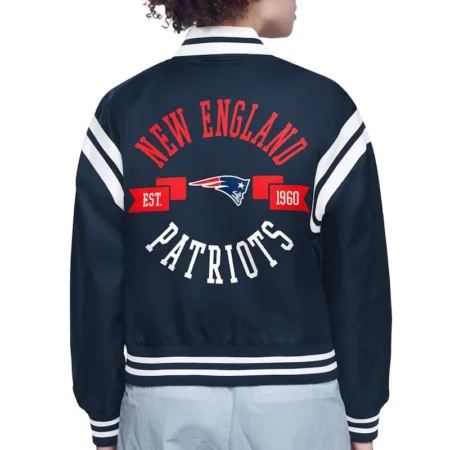 New England Patriots Printed Logo Varsity Satin Jacket back webp
