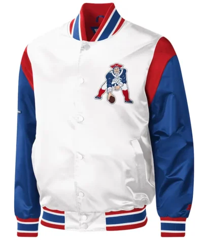 New England Patriots Throwback Warm Up Pitch Varsity White Satin Jacket webp