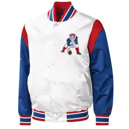 New England Patriots Throwback Warm Up Pitch Varsity White Satin Jacket webp