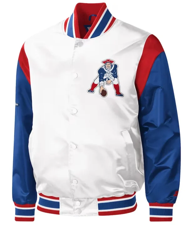 New England Patriots Throwback Warm Up Pitch Varsity White Satin Jacket webp