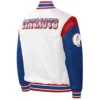 New England Patriots Throwback Warm Up Pitch Varsity White Satin Jacket back webp