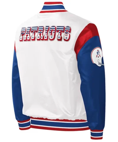 New England Patriots Throwback Warm Up Pitch Varsity White Satin Jacket back webp